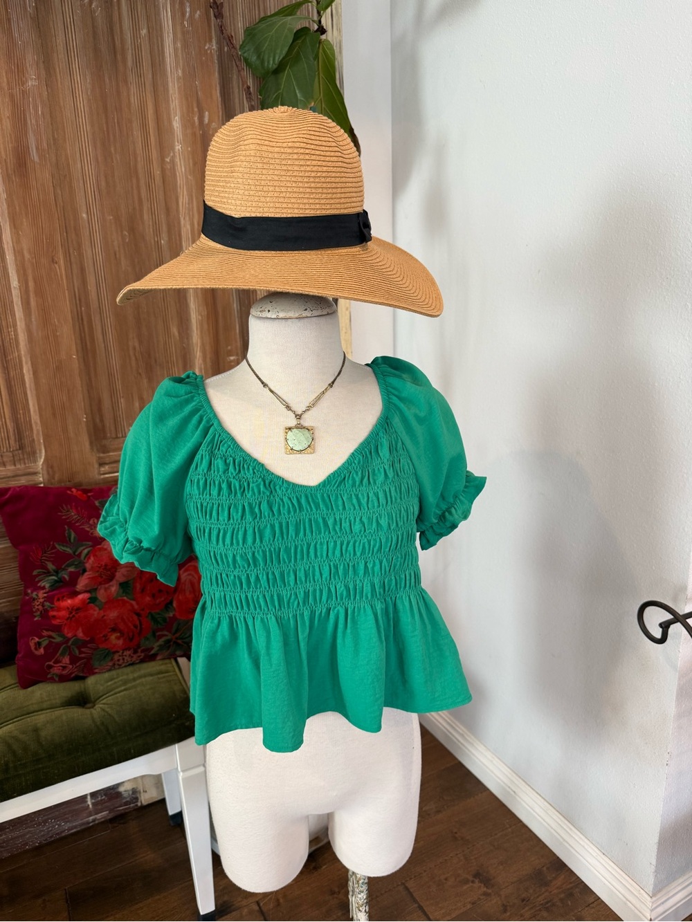 Women's Green Smocked Peplum Top